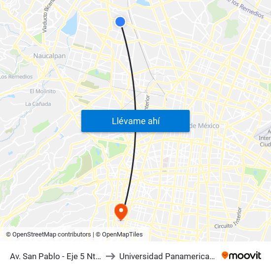 Av. San Pablo - Eje 5 Nte. to Universidad Panamericana map