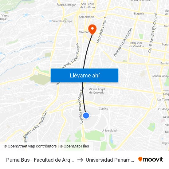 Puma Bus - Facultad de Arquitectura to Universidad Panamericana map