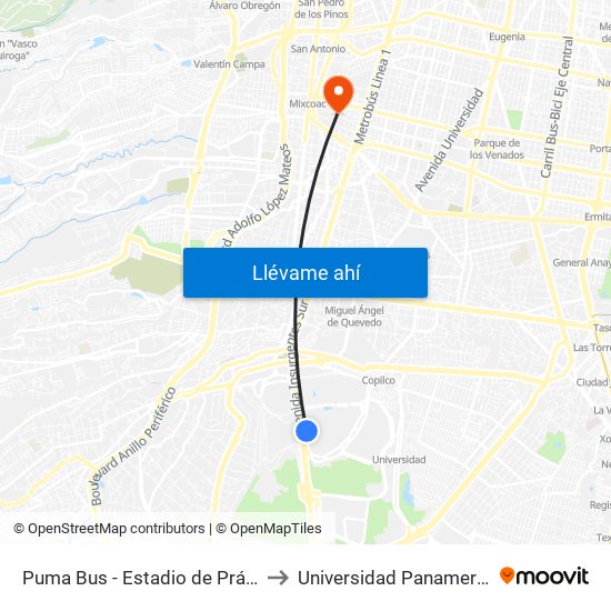 Puma Bus - Estadio de Prácticas to Universidad Panamericana map