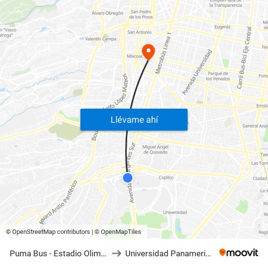 Puma Bus - Estadio Olimpico to Universidad Panamericana map