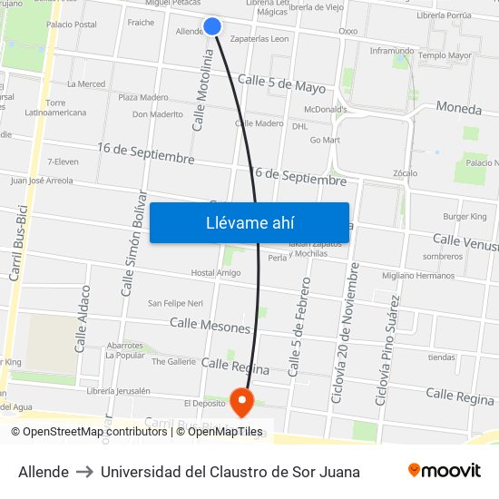 Allende to Universidad del Claustro de Sor Juana map