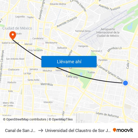 Canal de San Juan to Universidad del Claustro de Sor Juana map