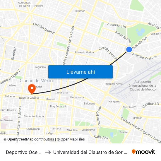 Deportivo Oceanía to Universidad del Claustro de Sor Juana map