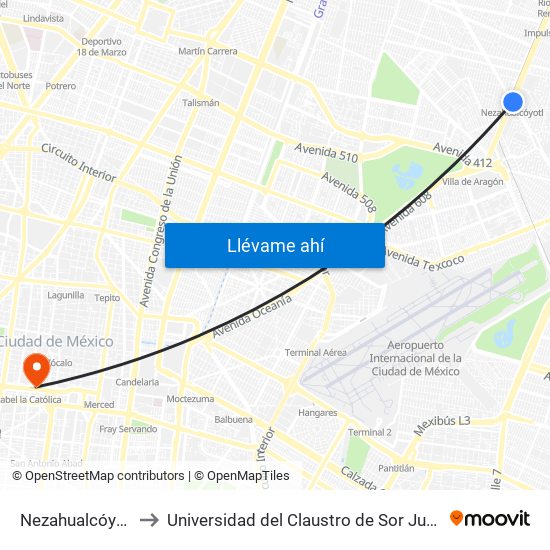 Nezahualcóyotl to Universidad del Claustro de Sor Juana map