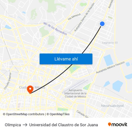 Olímpica to Universidad del Claustro de Sor Juana map
