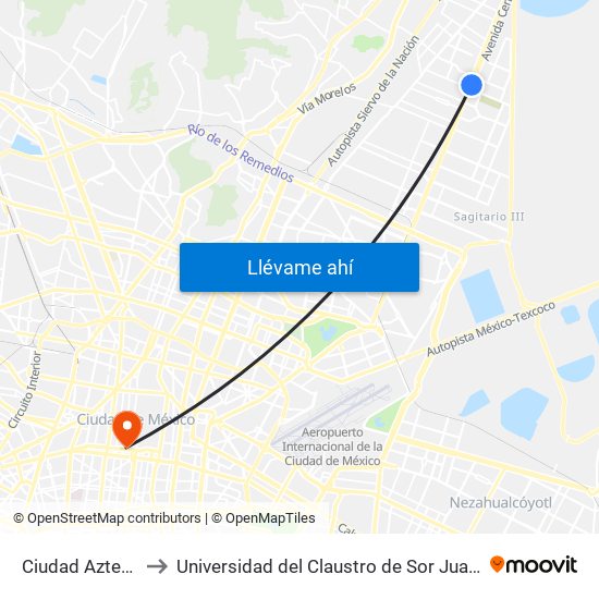 Ciudad Azteca to Universidad del Claustro de Sor Juana map