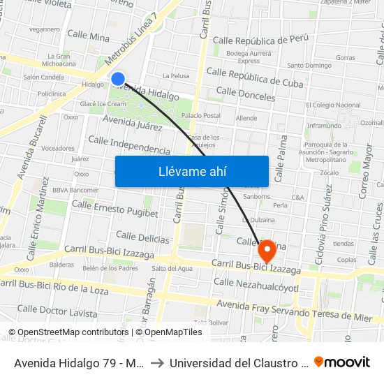 Avenida Hidalgo 79 - Metro Hidalgo to Universidad del Claustro de Sor Juana map