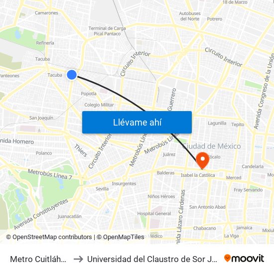 Metro Cuitláhuac to Universidad del Claustro de Sor Juana map