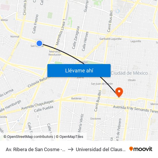 Av. Ribera de San Cosme - Metro San Cosmo to Universidad del Claustro de Sor Juana map