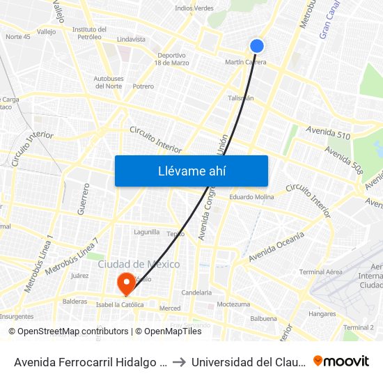 Avenida Ferrocarril Hidalgo - Metro Martin Carrera to Universidad del Claustro de Sor Juana map