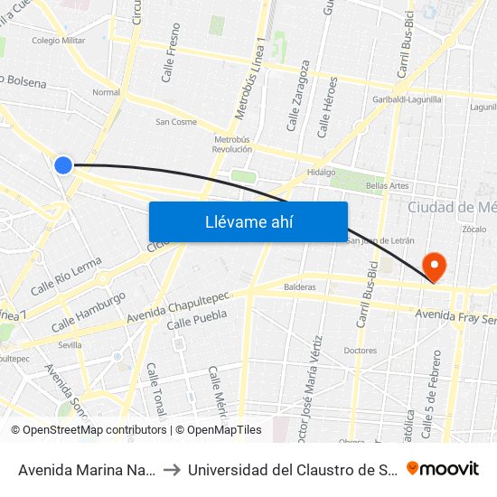 Avenida Marina Nacional to Universidad del Claustro de Sor Juana map