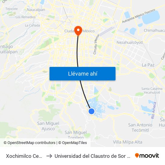 Xochimilco Centro to Universidad del Claustro de Sor Juana map