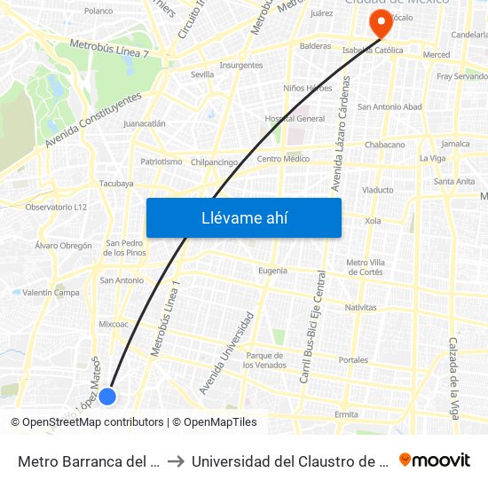 Metro Barranca del Muerto to Universidad del Claustro de Sor Juana map