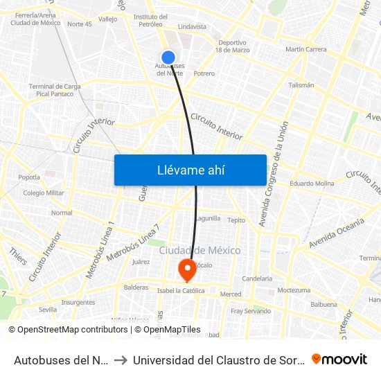 Autobuses del Norte to Universidad del Claustro de Sor Juana map