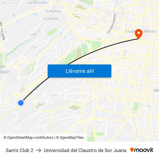 Sam's Club 2 to Universidad del Claustro de Sor Juana map