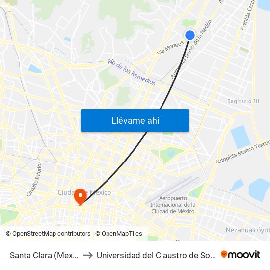 Santa Clara (Mexibús) to Universidad del Claustro de Sor Juana map