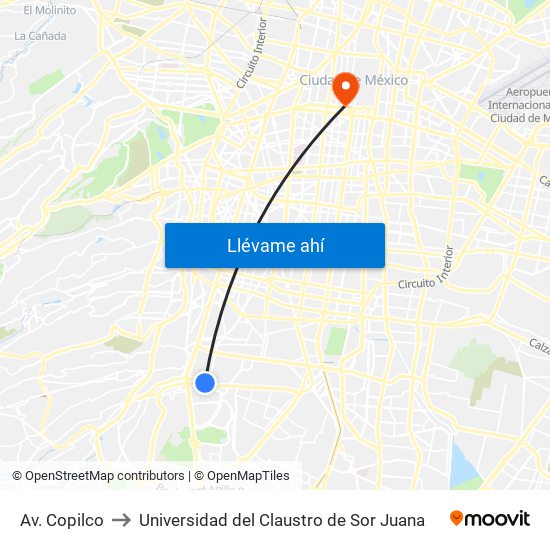 Av. Copilco to Universidad del Claustro de Sor Juana map