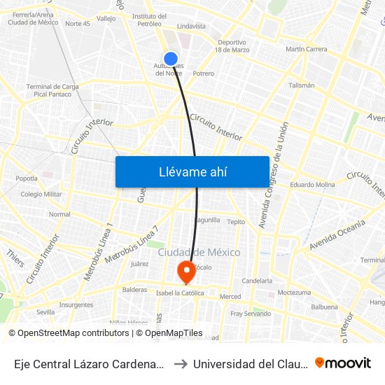 Eje Central Lázaro Cardenas - Autobuses del Norte to Universidad del Claustro de Sor Juana map