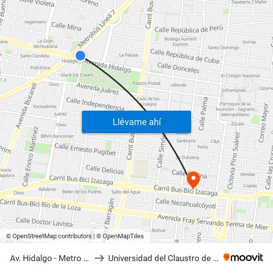 Av. Hidalgo - Metro Hidalgo to Universidad del Claustro de Sor Juana map