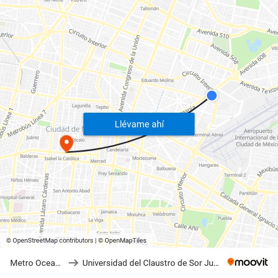 Metro Oceania to Universidad del Claustro de Sor Juana map