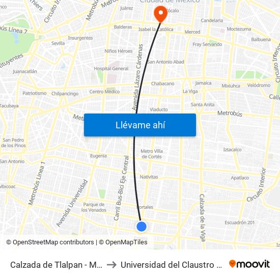 Calzada de Tlalpan - Metro Ermita to Universidad del Claustro de Sor Juana map