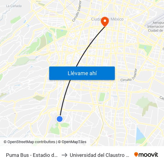 Puma Bus - Estadio de Prácticas to Universidad del Claustro de Sor Juana map