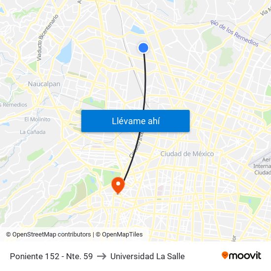 Poniente 152 - Nte. 59 to Universidad La Salle map