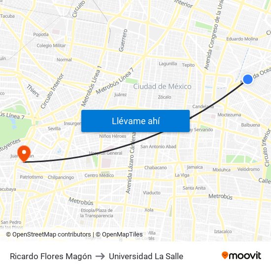 Ricardo Flores Magón to Universidad La Salle map