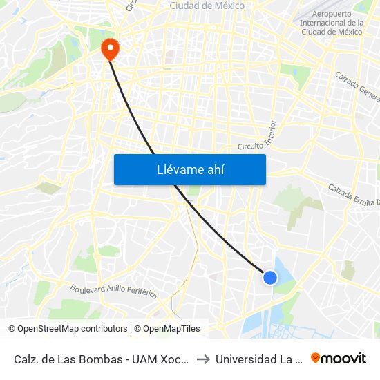 Calz. de Las Bombas - UAM Xochimilco to Universidad La Salle map