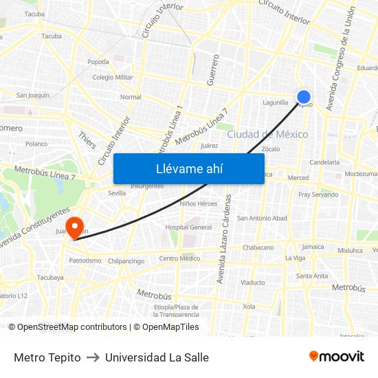 Metro Tepito to Universidad La Salle map