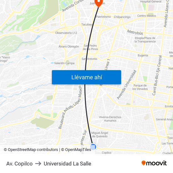 Av. Copilco to Universidad La Salle map