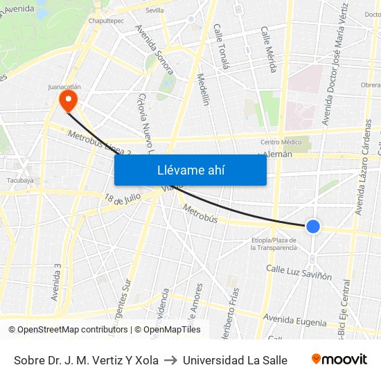 Sobre Dr. J. M. Vertiz Y Xola to Universidad La Salle map