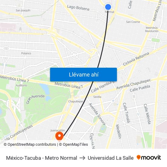 México-Tacuba - Metro Normal to Universidad La Salle map