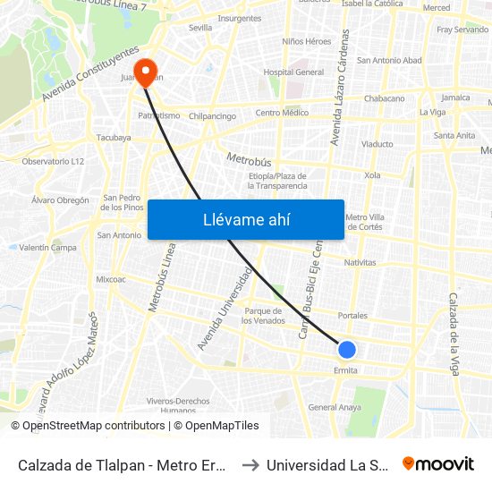 Calzada de Tlalpan - Metro Ermita to Universidad La Salle map
