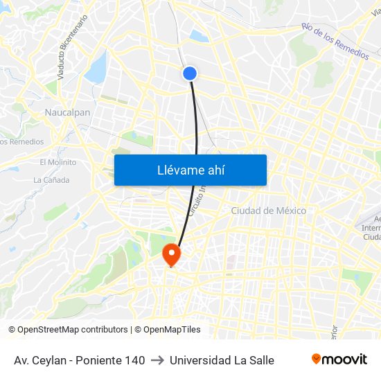 Av. Ceylan - Poniente 140 to Universidad La Salle map
