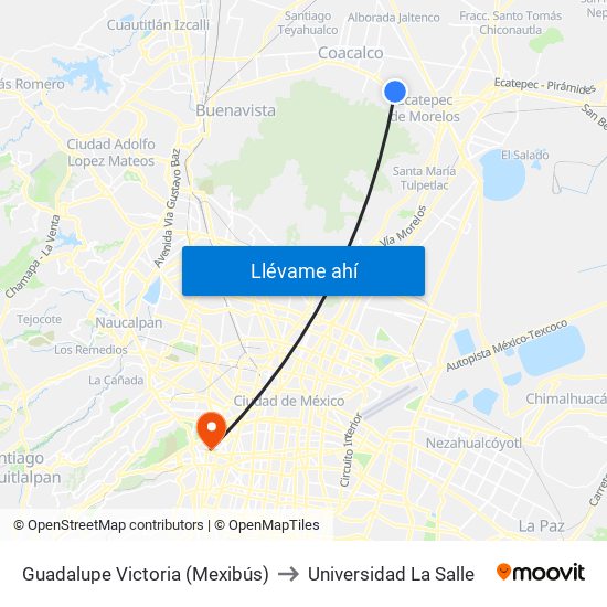 Guadalupe Victoria (Mexibús) to Universidad La Salle map