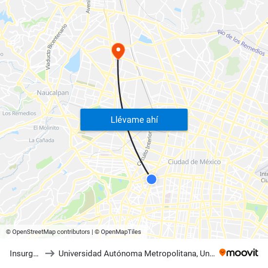 Insurgentes to Universidad Autónoma Metropolitana, Unidad Azcapotzalco map