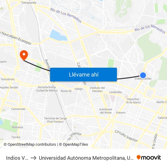 Indios Verdes to Universidad Autónoma Metropolitana, Unidad Azcapotzalco map