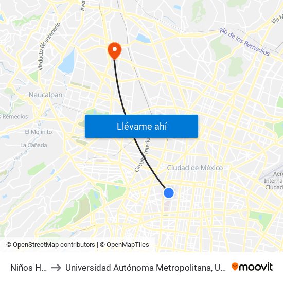 Niños Héroes to Universidad Autónoma Metropolitana, Unidad Azcapotzalco map