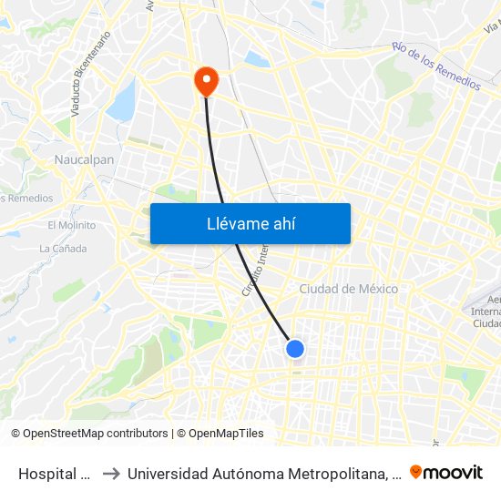 Hospital General to Universidad Autónoma Metropolitana, Unidad Azcapotzalco map