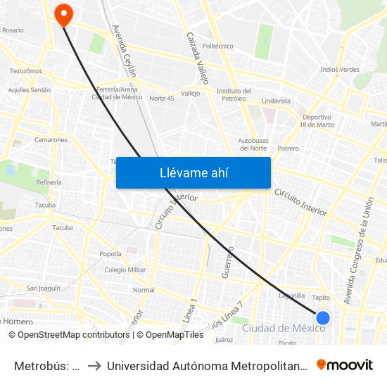 Metrobús: Mixcalco to Universidad Autónoma Metropolitana, Unidad Azcapotzalco map