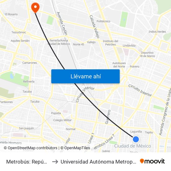 Metrobús: República de Argentina to Universidad Autónoma Metropolitana, Unidad Azcapotzalco map