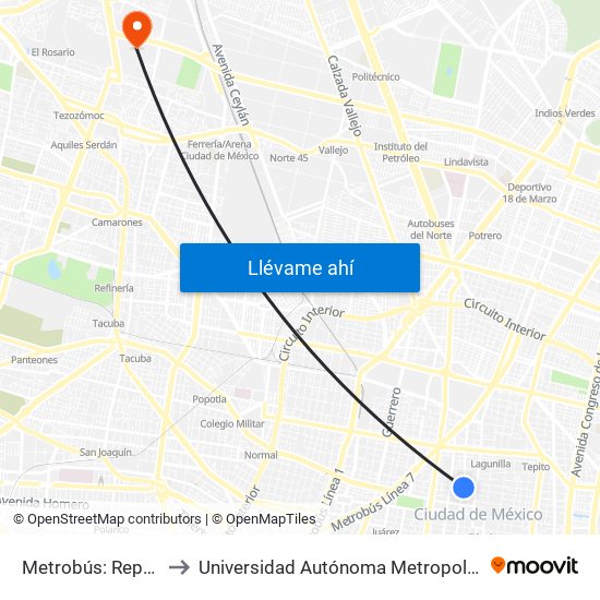 Metrobús: República de Chile to Universidad Autónoma Metropolitana, Unidad Azcapotzalco map