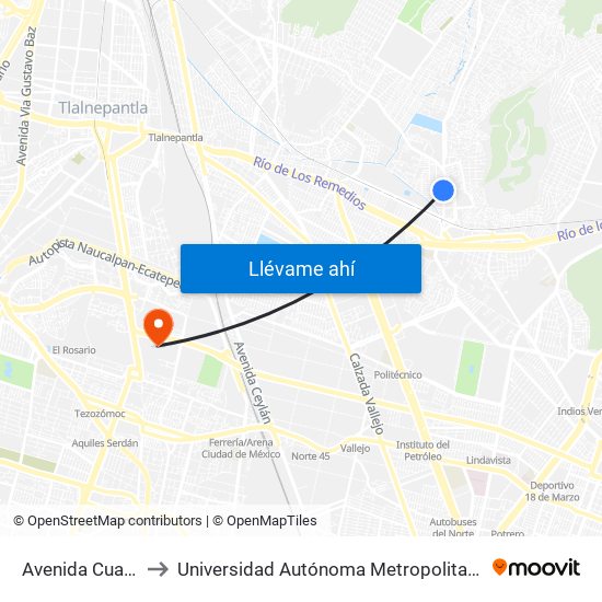 Avenida Cuautepec, 34 to Universidad Autónoma Metropolitana, Unidad Azcapotzalco map