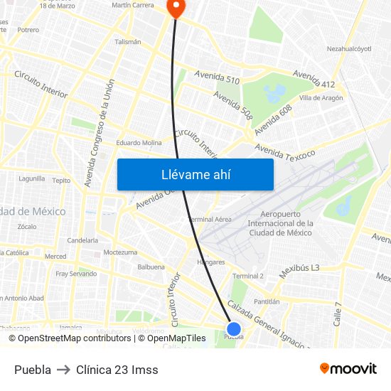 Puebla to Clínica 23 Imss map