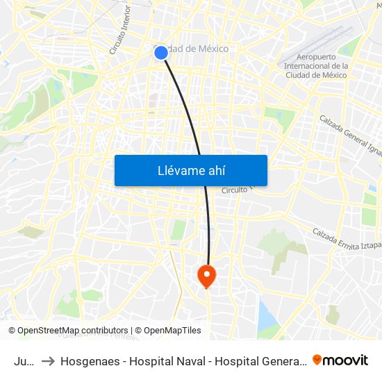 Juárez to Hosgenaes - Hospital Naval - Hospital General de Alta Especialidad Semar map