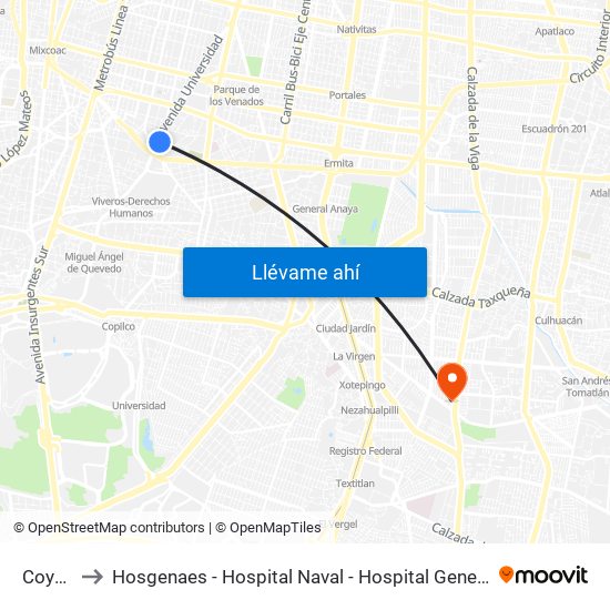 Coyoacán to Hosgenaes - Hospital Naval - Hospital General de Alta Especialidad Semar map