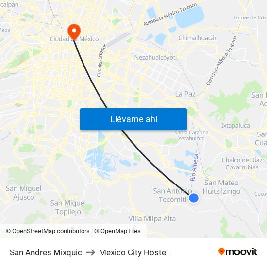 San Andrés Mixquic to Mexico City Hostel map