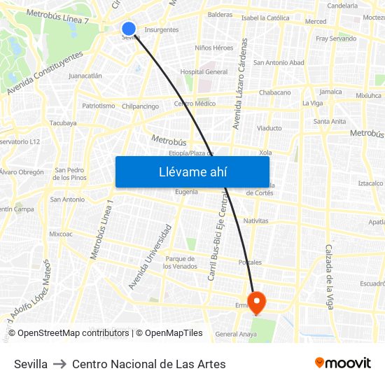 Sevilla to Centro Nacional de Las Artes map
