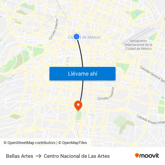 Bellas Artes to Centro Nacional de Las Artes map